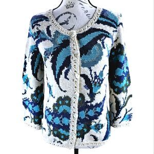 RARE‎ Peruvian Connection Women's Floral Printed Cardigan Cream Teal Size XS